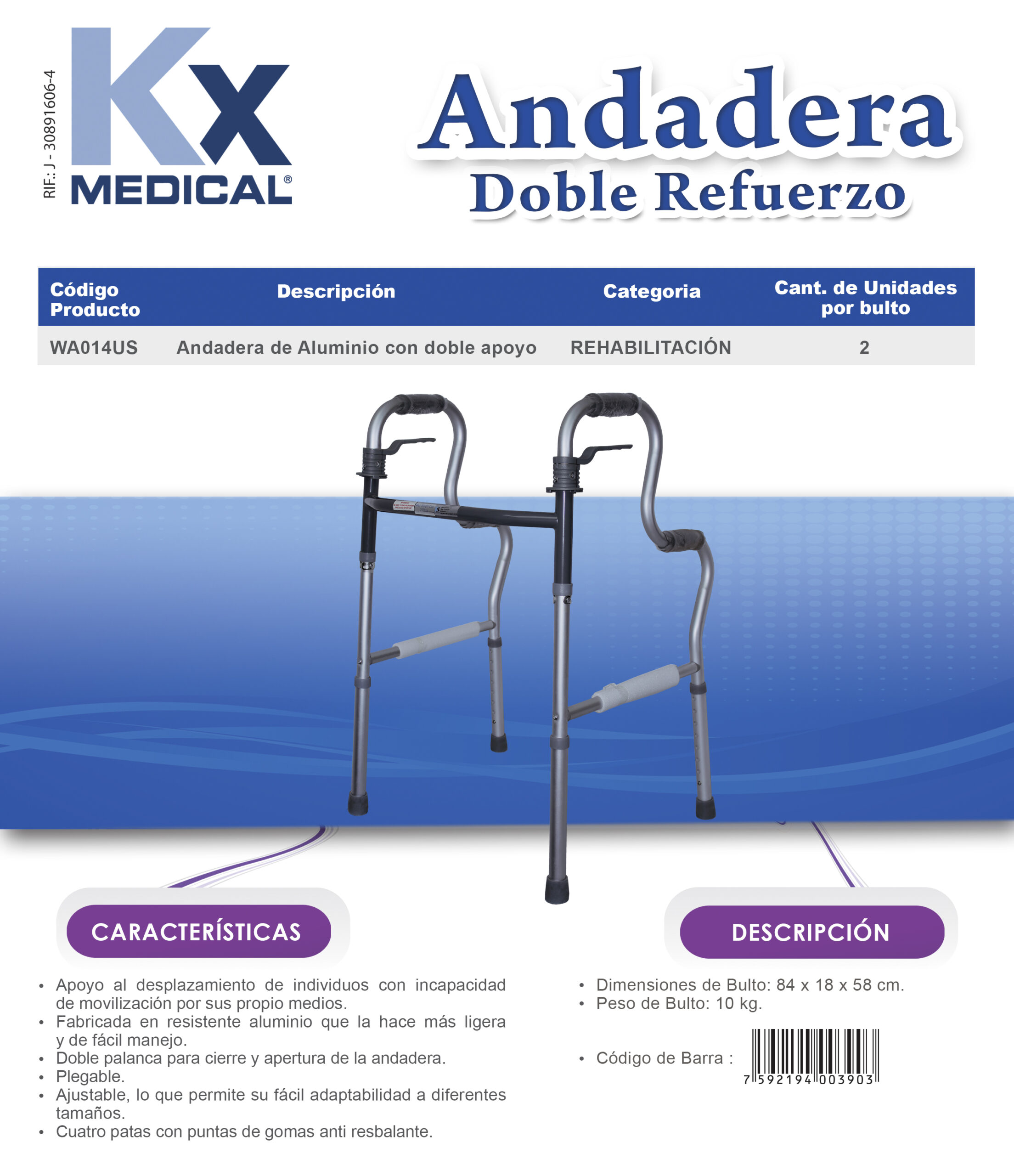 Andadera de aluminio con doble apoyo. - KXMEDICAL