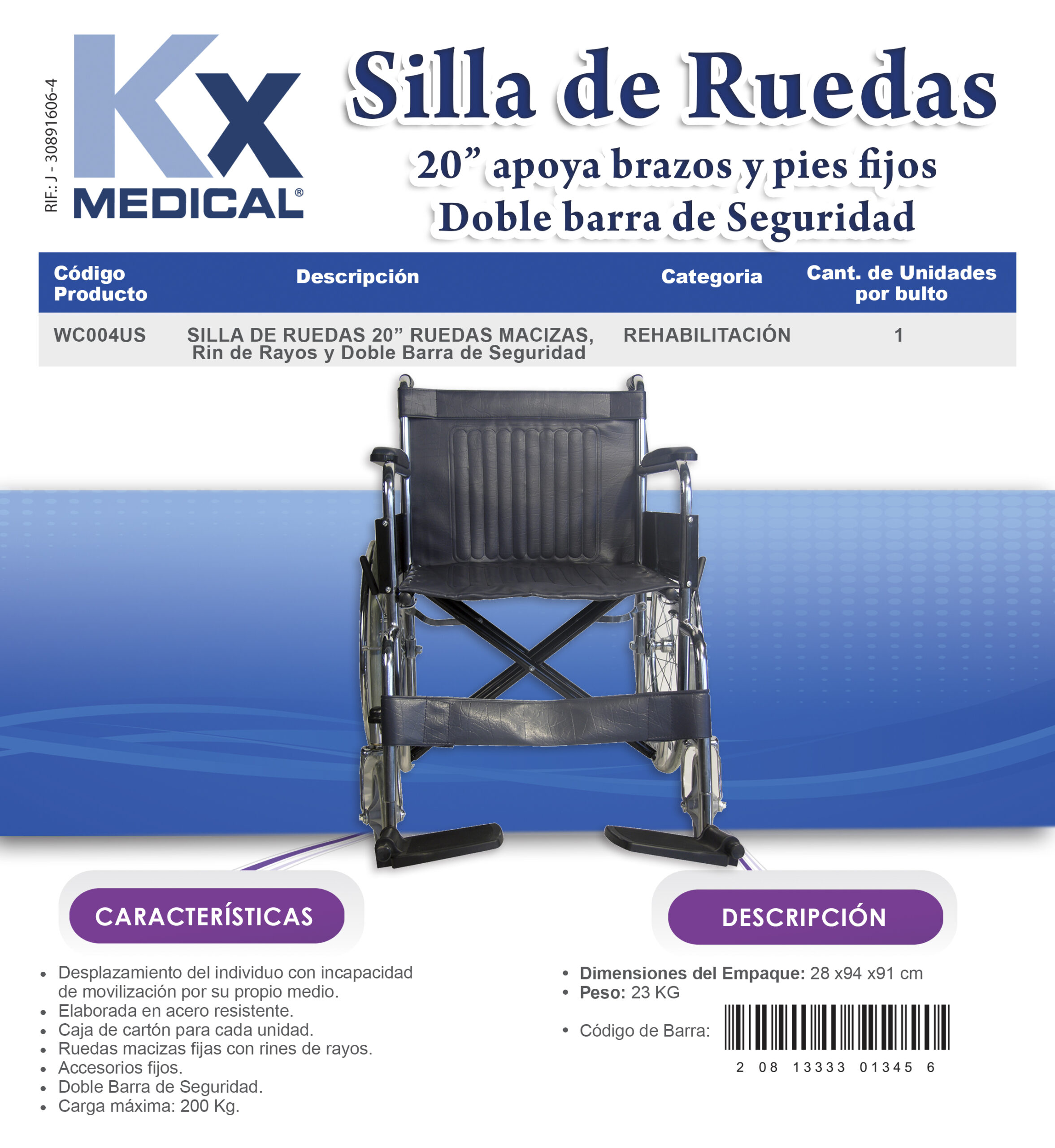 Silla de Ruedas 20 pulgadas, apoya brazos y pies fijos, doble barra de ...